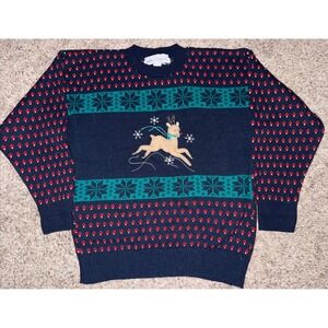 Kate Collins Vtg Christmas‎ Reindeer Snowflake Sweater Navy Medium-Large NO TAG